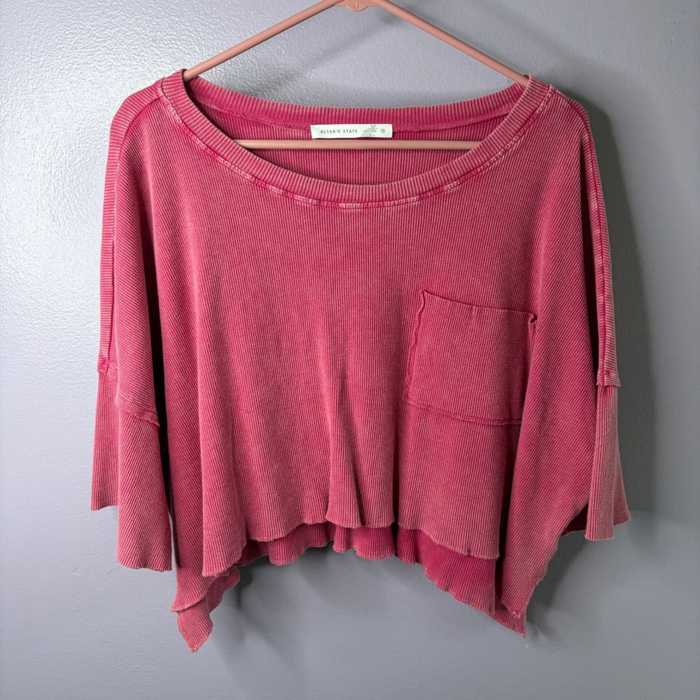 Pink Acid Wash Crop Top Waffle Knit Grunge Y2K Vibes Boxy 90s Glam Size Small